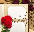 Photo album and red roses on coffee seeds Royalty Free Stock Photo