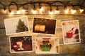 Photo album in remembrance and nostalgia in Christmas winter season on wood table.