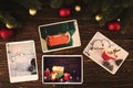 Photo album in remembrance and nostalgia in Christmas winter season on wood table. Royalty Free Stock Photo