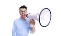 photo of amazed man announcing with megaphone. man announcing with megaphone