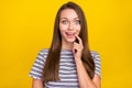 Photo of amazed positive minded woman hold finger face chin plan idea isolated on yellow color background