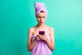 Photo of amazed young lady morning shower hold telephone late date wear violet towels teal color background