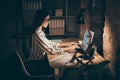 Photo of amazing asian business lady resourceful person looking notebook on table writing report sitting boss chair