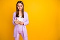 Photo of amazing business lady holding diary writing corporate notes for boss responsible assistant attending corporate