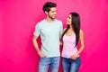 Photo of amazing couple guy and lady in love standing hugging enjoy best company wear casual clothes  bright Royalty Free Stock Photo