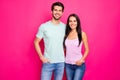 Photo of amazing couple guy and lady standing hugging enjoy best company wear casual clothes  bright pink color Royalty Free Stock Photo