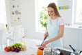 Photo of amazing cute housewife cutting chicken meat enjoy weekend morning cooking tasty dinner family husband children