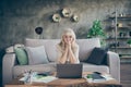 Photo of amazing white haired aged granny using notebook watching online masterclass business lecture lesson speaking