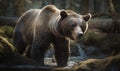 photo of American black bear Ursus americanus standing in forest river. Generative AI