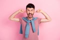 Photo of angry annoyed young man close fingers ears loud noise isolated on pastel pink color background