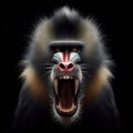 Photo of a Angry disgruntled mandrill monkey on a solid black background. ai generative