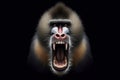 Photo of a Angry disgruntled mandrill monkey on a solid black background. ai generative