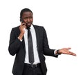 Closeup of angry young african man screaming while talking on smartphone isolated on white background Royalty Free Stock Photo