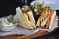 A photo of appetizing sandwiches on a wooden board