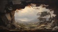 Cave View: A Serene Artwork Of Coastal Scenery And Mountain Vistas