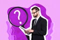 Photo artwork design of businessman wear formal suit browsing information search answer question mark magnifying glass