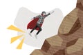 Photo artwork magazine collage picture of purposeful super man wear red cape flying up to achieve goals isolated on gray