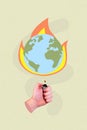 Photo artwork minimal collage picture of arm burning lighter miniature mini globe isolated drawing background