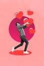 Photo artwork minimal collage picture of funny funky guy holding carrying red hearts isolated drawing background