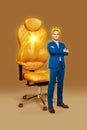 Photo artwork minimal collage of serious guy sparking tiara standing arms folded big huge office chair isolated brown