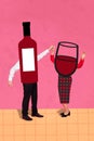 Photo artwork minimal picture of carefree bottle guy lady wine glass dancing todether isolated drawing background Royalty Free Stock Photo