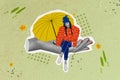 Photo artwork minimal picture of charming happy smiling lady sitting arm palm under umbrella isolated drawing background