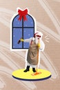 Photo artwork minimal picture of funky drunk santa drinking wine preparing home x-mas party isolated drawing background