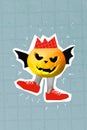Photo artwork minimal picture of funky funny jack o lantern wear crown walking human legs flying bat wings isolated Royalty Free Stock Photo