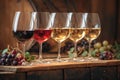 Photo Assortment of wines in glasses, rustic restaurant setting, wooden table