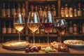 Photo Assortment of wines in glasses, rustic restaurant setting, wooden table