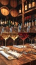 Photo Assortment of wines in glasses, rustic restaurant setting, wooden table