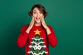 Photo of astonished lady print pullover misunderstand arm touch face new year christmas surprise isolated on green color