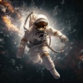 Photo of an astronaut going into outer space against a background of glowing stars and asteroids. Deep Space Image.generative AI