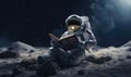 Photo of an astronaut reading a book on the moon