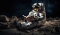 Photo of an astronaut reading a book on the moon