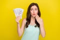 Photo of attractive astonished young lady impressed to see her millions dollars isolated on yellow color background Royalty Free Stock Photo