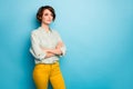 Photo of attractive business lady short hairstyle not smiling serious reliable person arms crossed wear casual green