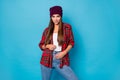 Photo of attractive cool stylish good mood pretty lady glad warm spring weather street clothes wear casual hat plaid