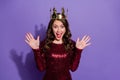 Photo of attractive crazy lady festive party event prom queen nomination excited crown on head overjoyed wear sequins