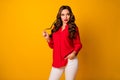 Photo of attractive flirty bossy business lady look side empty space playing long curl wear red office shirt white