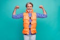 Photo of attractive funky aged guy show big biceps arms strong mariner lifeguard sea trip wear striped sailor shirt