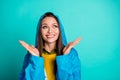 Photo of attractive funny lady cheerful mood rainy weather street walk raise hands up enjoy rain stop sunny sky wear Royalty Free Stock Photo