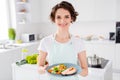 Photo of attractive housewife lady chef showing grilled salmon trout fillet steak roasted garnish cook dinner one person Royalty Free Stock Photo