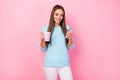 Photo of attractive lady enjoy hot coffee beverage hold telephone communicating friends boyfriend wear knitted blue