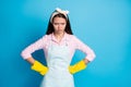 Photo of attractive lady house wife maid latex gloves on hands general spring cleaning crazy bad mood dirty messy flat Royalty Free Stock Photo