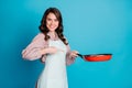 Photo of attractive pretty house wife lady hold hands kitchen frying pan cooking dinner tested good quality not burning