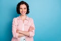 Photo of attractive pretty lady short black hairdo self-confident business woman arms crossed friendly beaming smiling Royalty Free Stock Photo