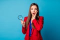Photo of attractive shocked business lady expensive detective hold enlarge loupe found crime evidence wear luxury trend Royalty Free Stock Photo
