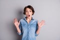 Photo of attractive shocked lady wavy bobbed hairdo open mouth raise hands up police catch shop lifting thief girl wear