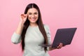 Photo of attractive young nice woman wear glasses good mood work laptop isolated on pink color background Royalty Free Stock Photo